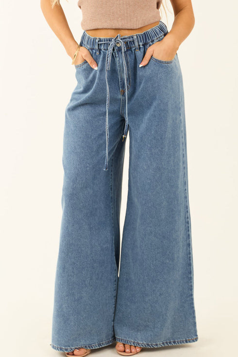 Retro Inspired Washed Wide Leg Drawstring Denim Pants